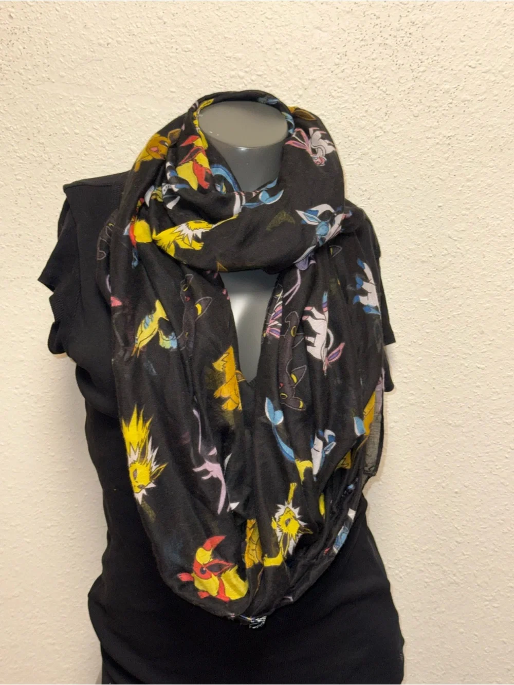Bioworld Black Infinity Scarf with Yellow, Pink, Blue and Red Character Motifs